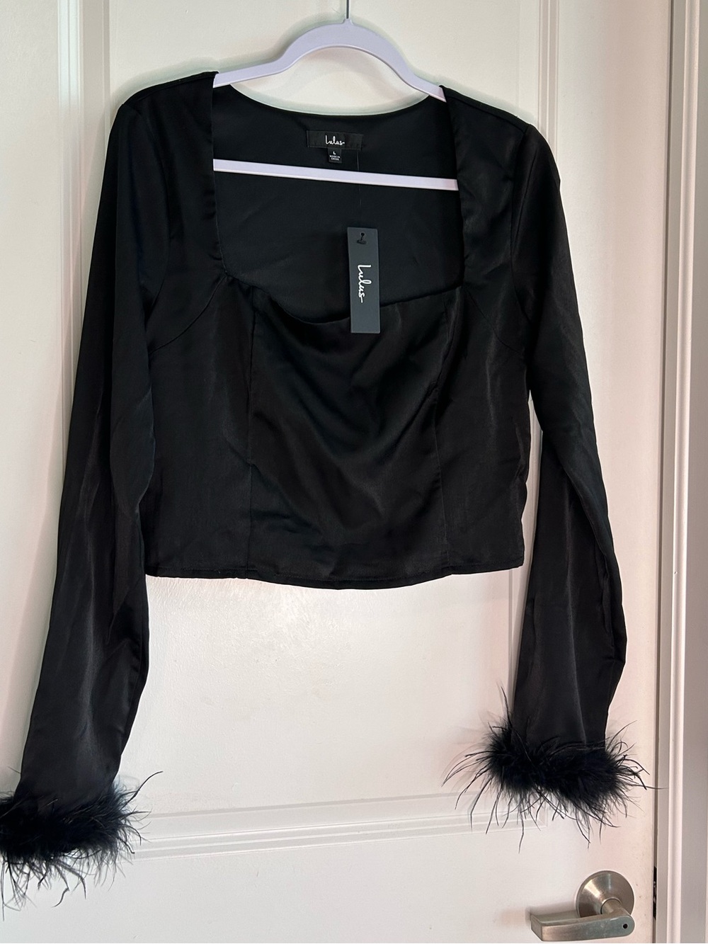 Lulu's Black Feather-Trim Square Neck Crop Top